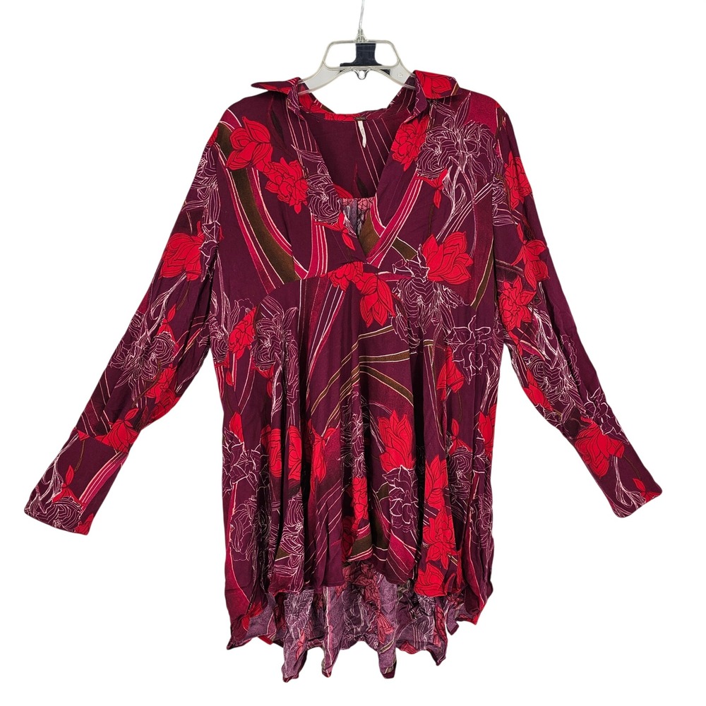 Free‎ People Oversized Floral V-Neck Tunic Blouse M Red Boho High Low Ethereal